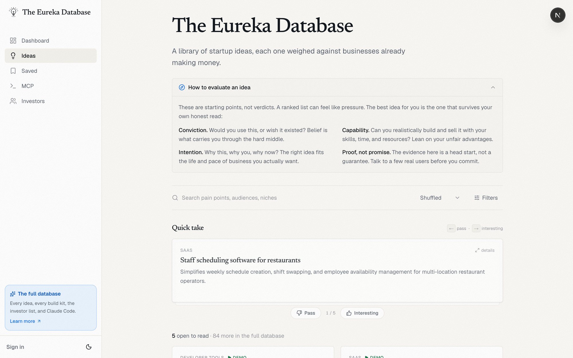 The Eureka Database — the library of validated startup ideas